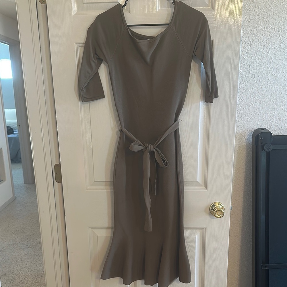Eva Mendes Brown Wrap Midi Dress with Tie Front